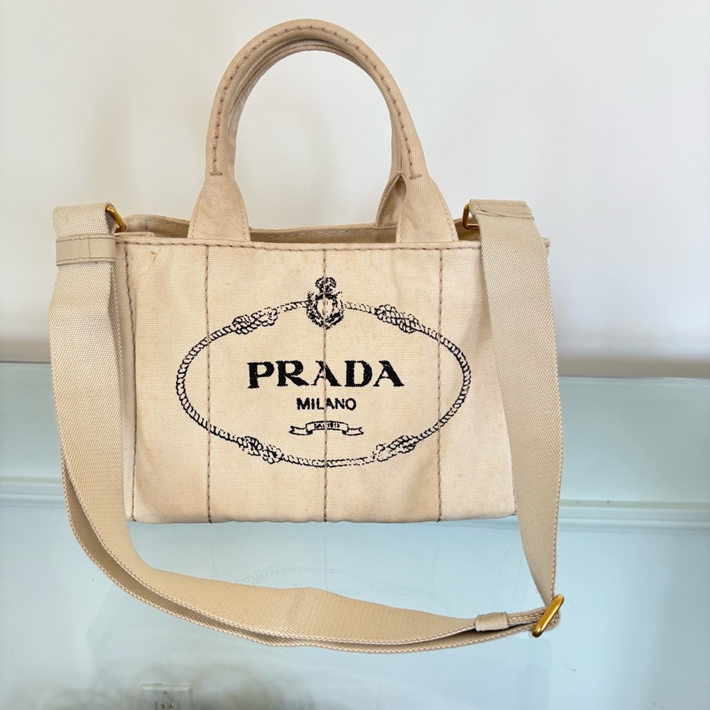 Prada Canapa Beige Canvas Tote Small Milano Logo with Removable Strap - Picture 2 of 11
